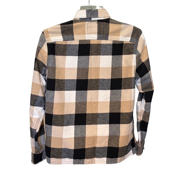 Hollister Men’s Plaid Flannel Shirt Size L Tan Black White Long Sleeve - Picture 2 of 9